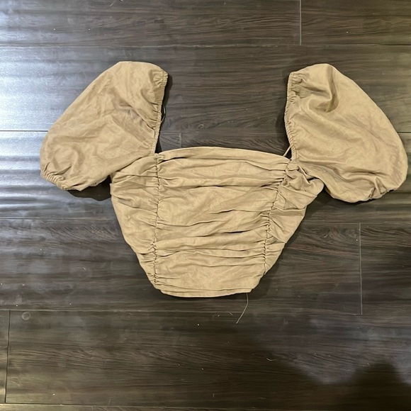 MABLE Linen Blend Puff Sleeve Lace Up Crop Top Size Large - Picture 1 of 5